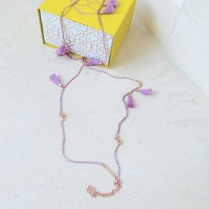 Kendra Scott boho necklace in a lavender color with rose gold accents